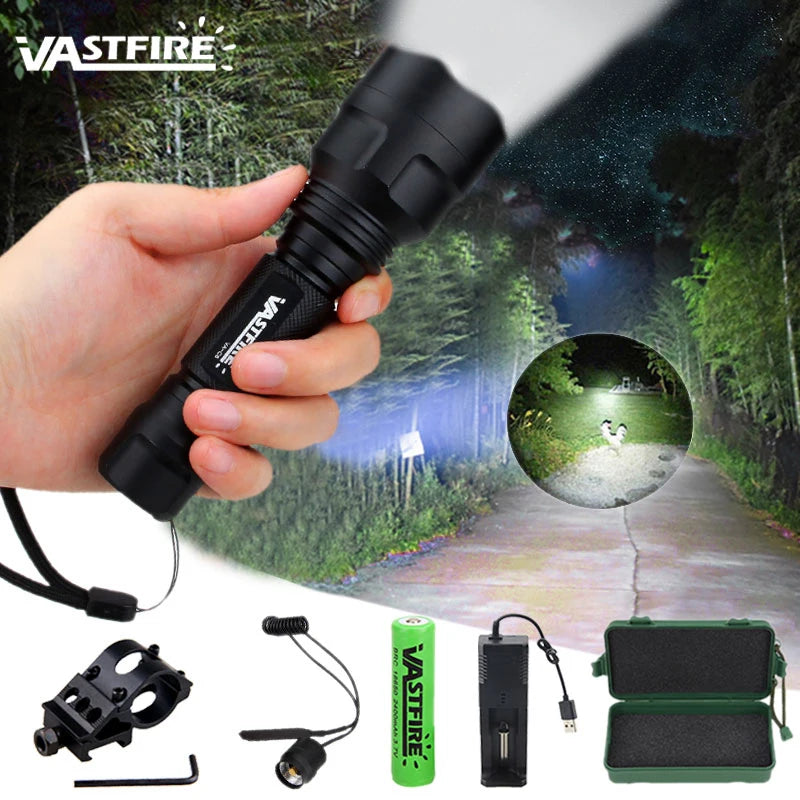 Tactical Hunting Flashlight 1 Mode Torch with Weaver Rail Scope Mount+Pressure Switch+18650 Battery+USB Charger