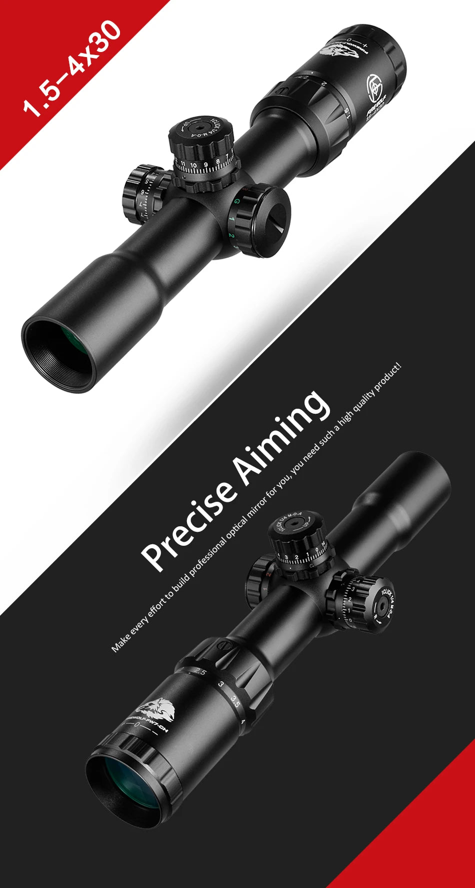 FIRE WOLF 1.5-4X30 Hunting Tactical Optical Rifle Scope with Red Green Illuminated Cross Turret lock Scope Range Airsoft Mirror