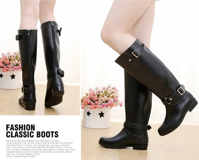 Rubber Boots for Women Waterproof Work Fashion Back Zipper Round Toe High Rain Boots Woman Water Shoes Botas De Caza Espanolas