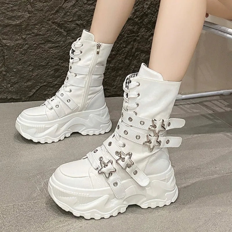 Women's Platform Boots New Round Head Belt Buckle Locomotive Boots European and American Thick-soled Boots for Women Botas Mujer