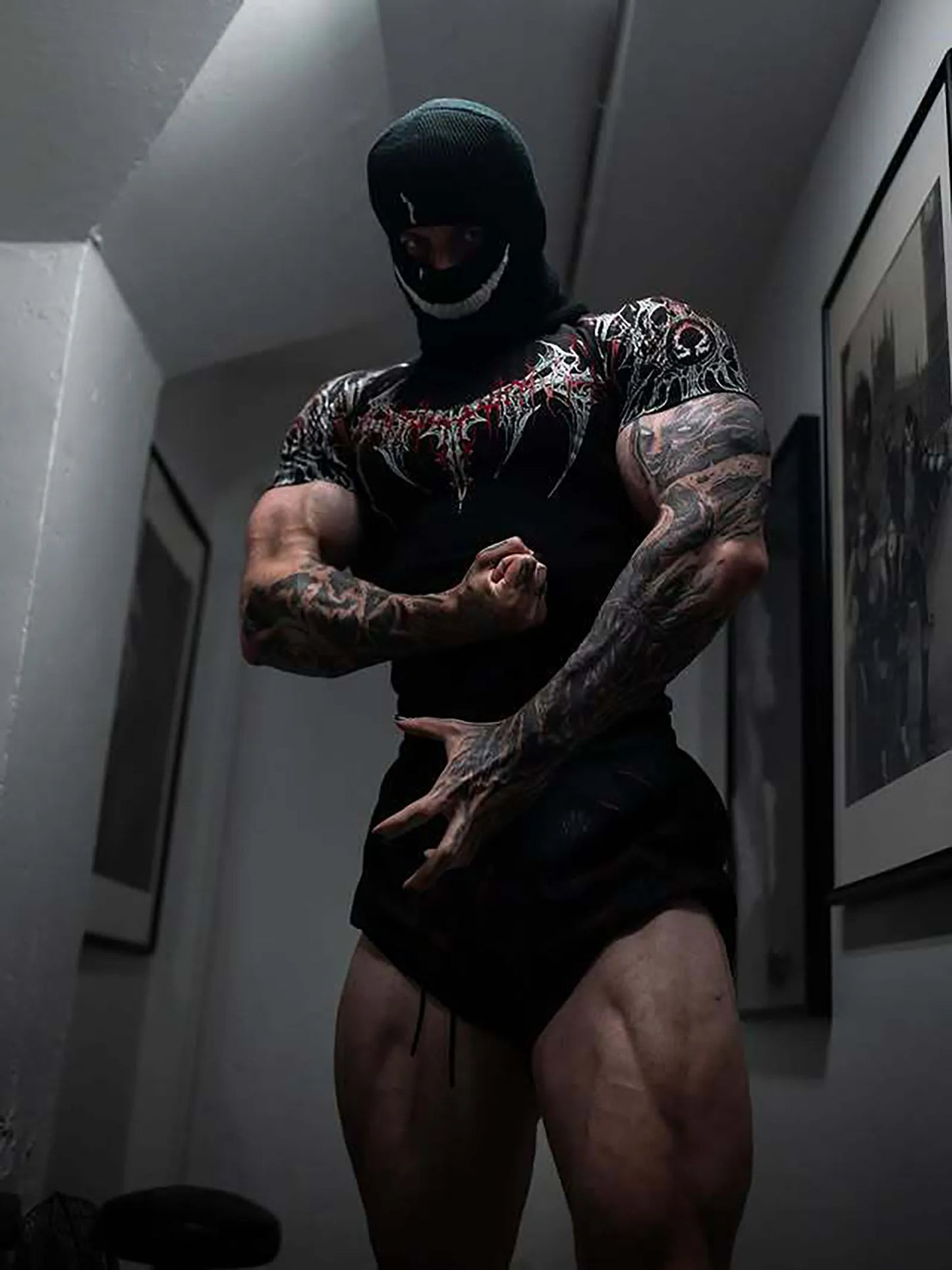 GYM T-shirt Men's Dark Gothic Print Muscle Tee High Elasticity And Quick Drying Exercise For Bodybuilding Training 2025 Summer