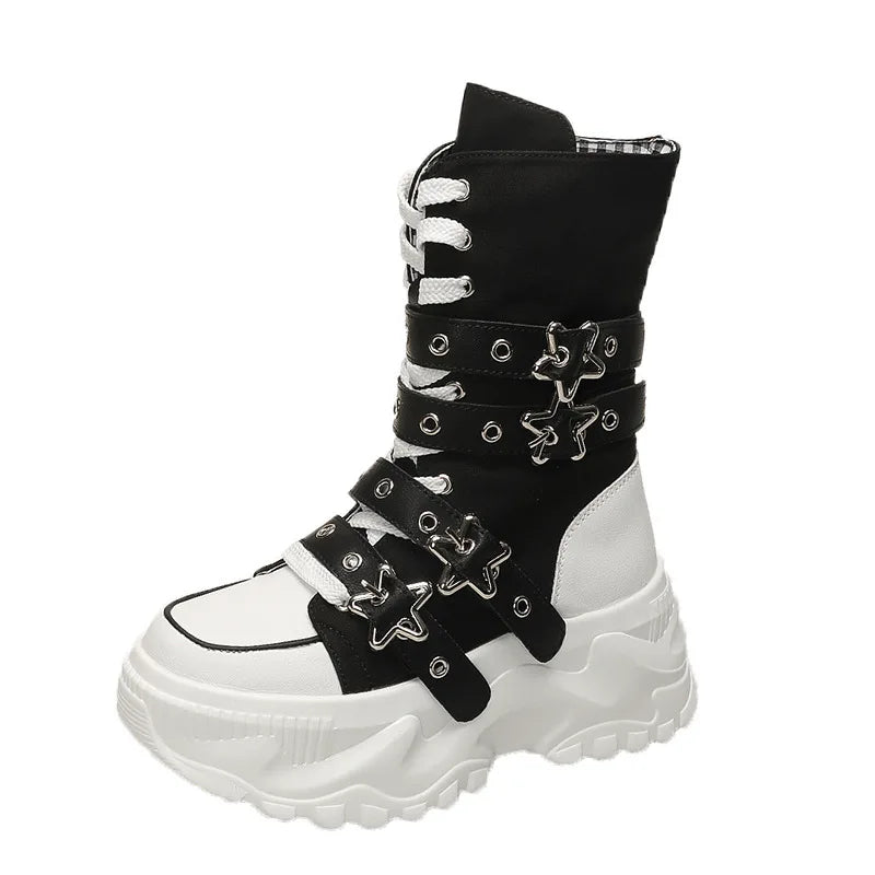 Women's Platform Boots New Round Head Belt Buckle Locomotive Boots European and American Thick-soled Boots for Women Botas Mujer