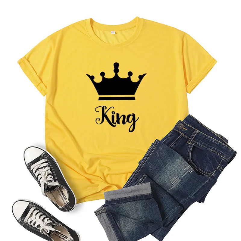 King Queen Crown Print Couple T Shirt Short Sleeve O Neck Wo Women Clothing Graphic T Shirts