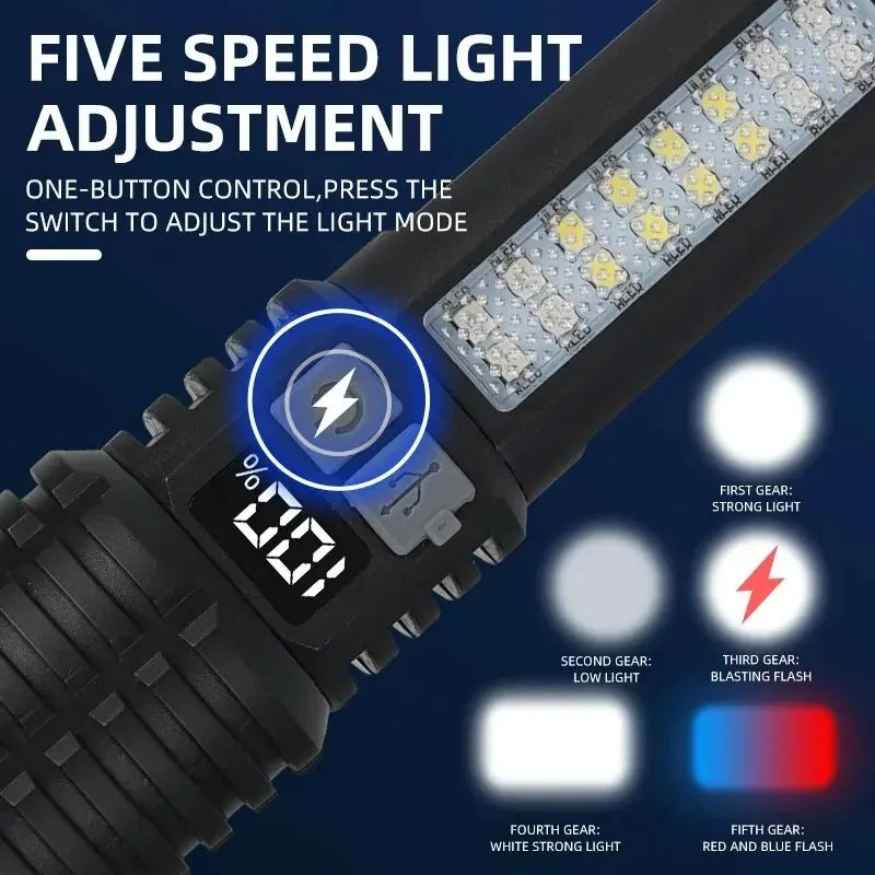 Tactical LED Flashlight High Power USB Rechargeable Camping Torch with Telescopic Zoom Emergency Spotlight Built-in Battery