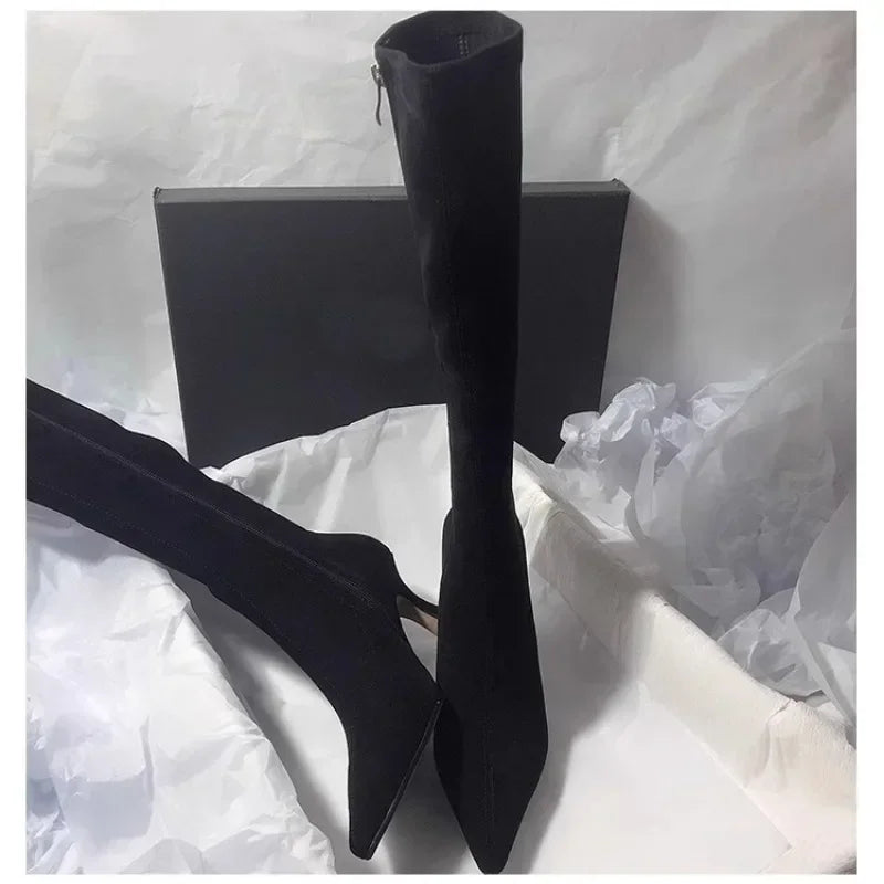 Pointed Toe Knee-High Boot Sexy Thigh High Boots Womens Side Zipper Suede Elastic High Heels Modern Shoe Zapatos De Mujer
