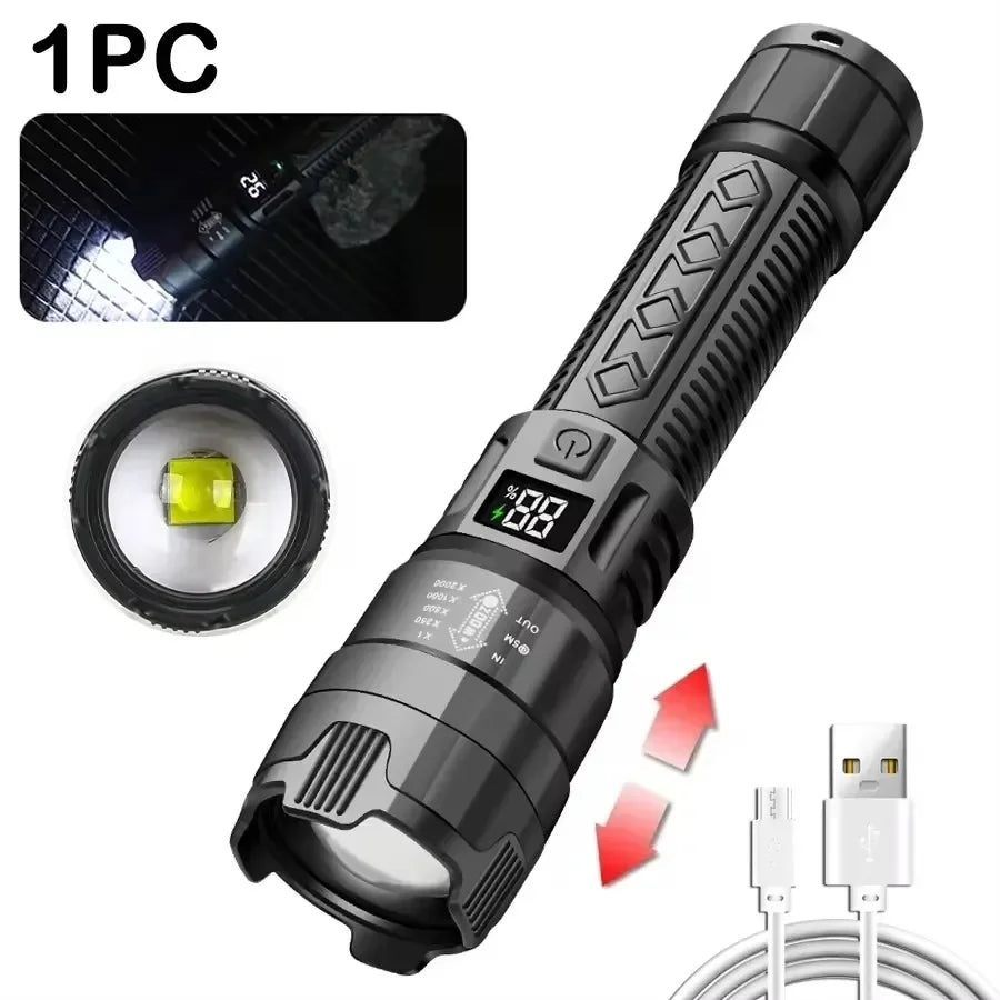 Super Bright Flashlight Built-in Battery USB C Rechargeable LED Flashlights 500000LM High Power Torch Lamp for Camping Lantern