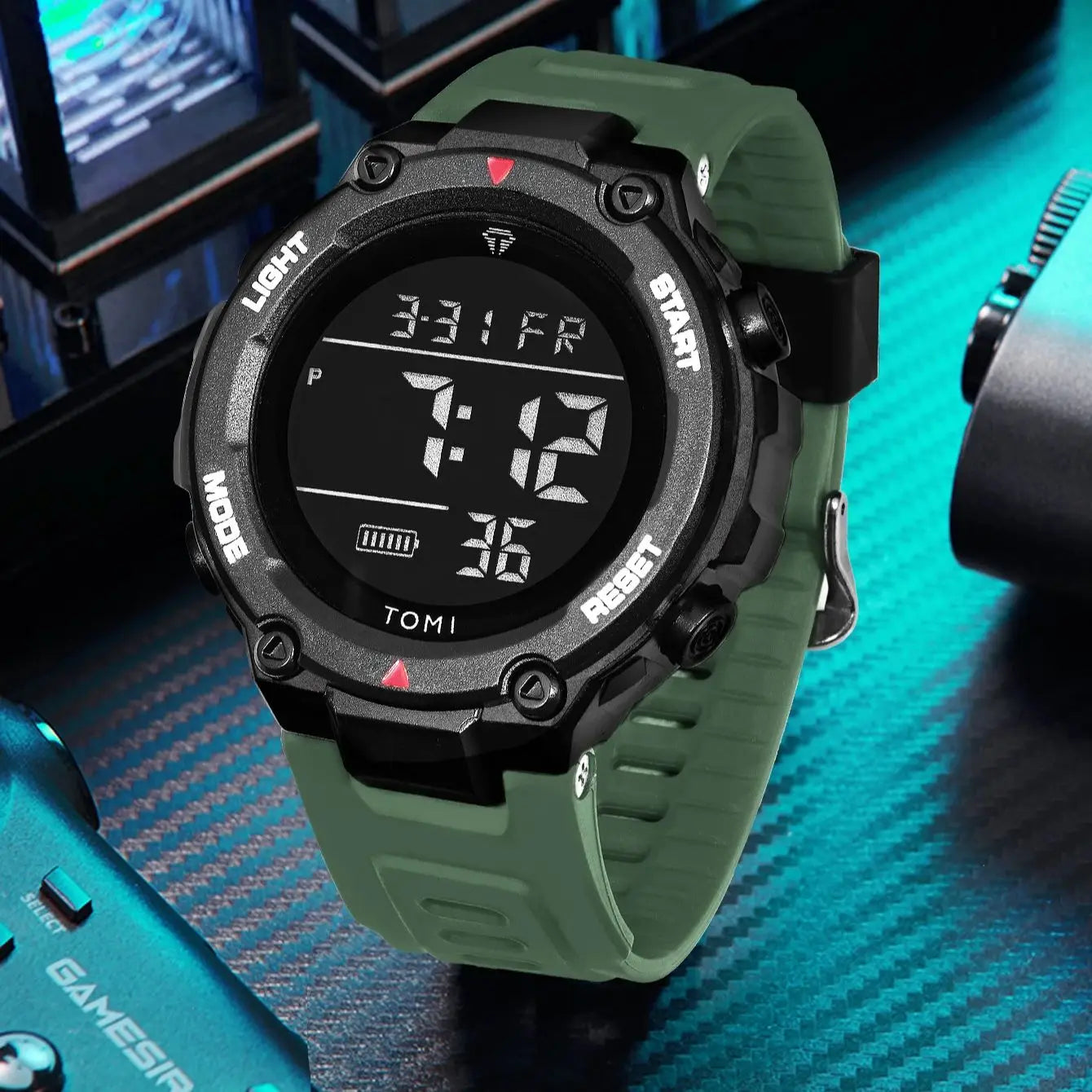 TOMI Tactical Digital Watch Military Green Black 4-Button Sport Modes Shockproof Waterproof Outdoor Hiking