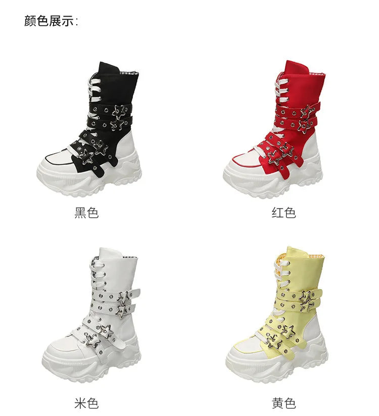 Women's Platform Boots New Round Head Belt Buckle Locomotive Boots European and American Thick-soled Boots for Women Botas Mujer