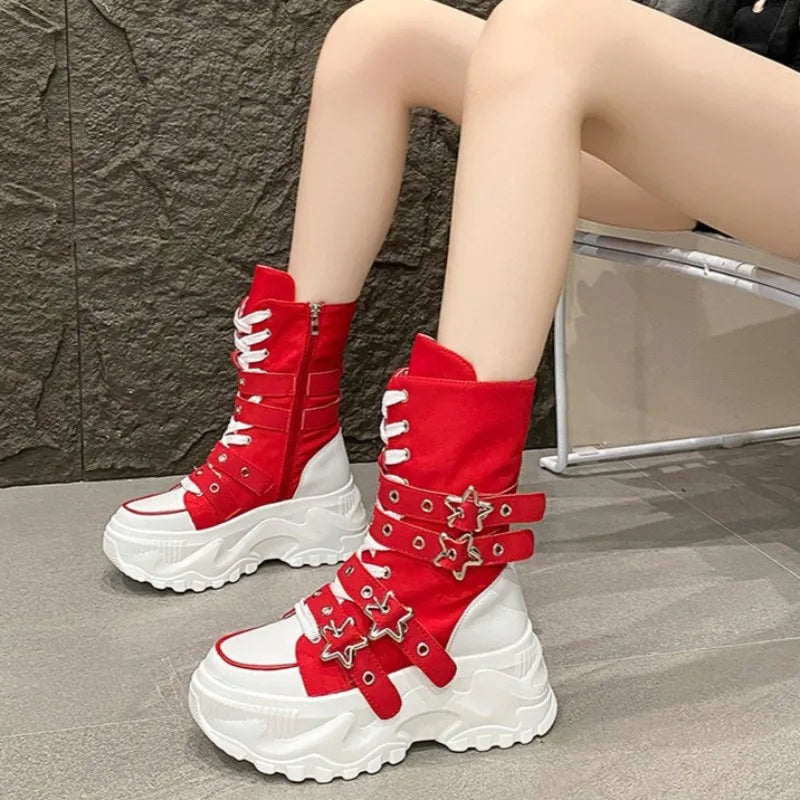Women's Platform Boots New Round Head Belt Buckle Locomotive Boots European and American Thick-soled Boots for Women Botas Mujer
