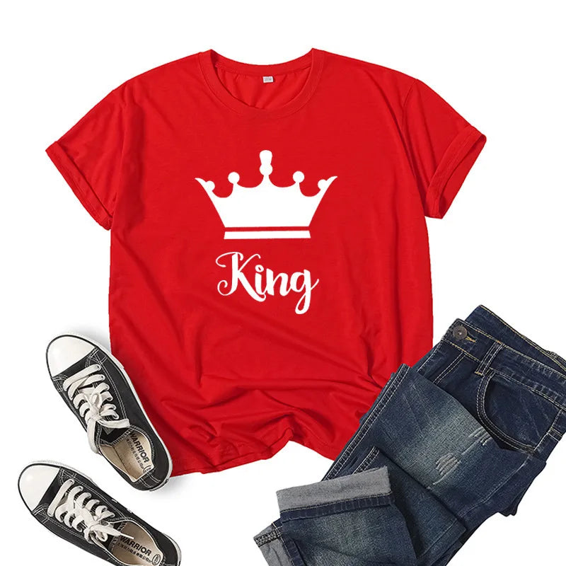 King Queen Crown Print Couple T Shirt Short Sleeve O Neck Wo Women Clothing Graphic T Shirts