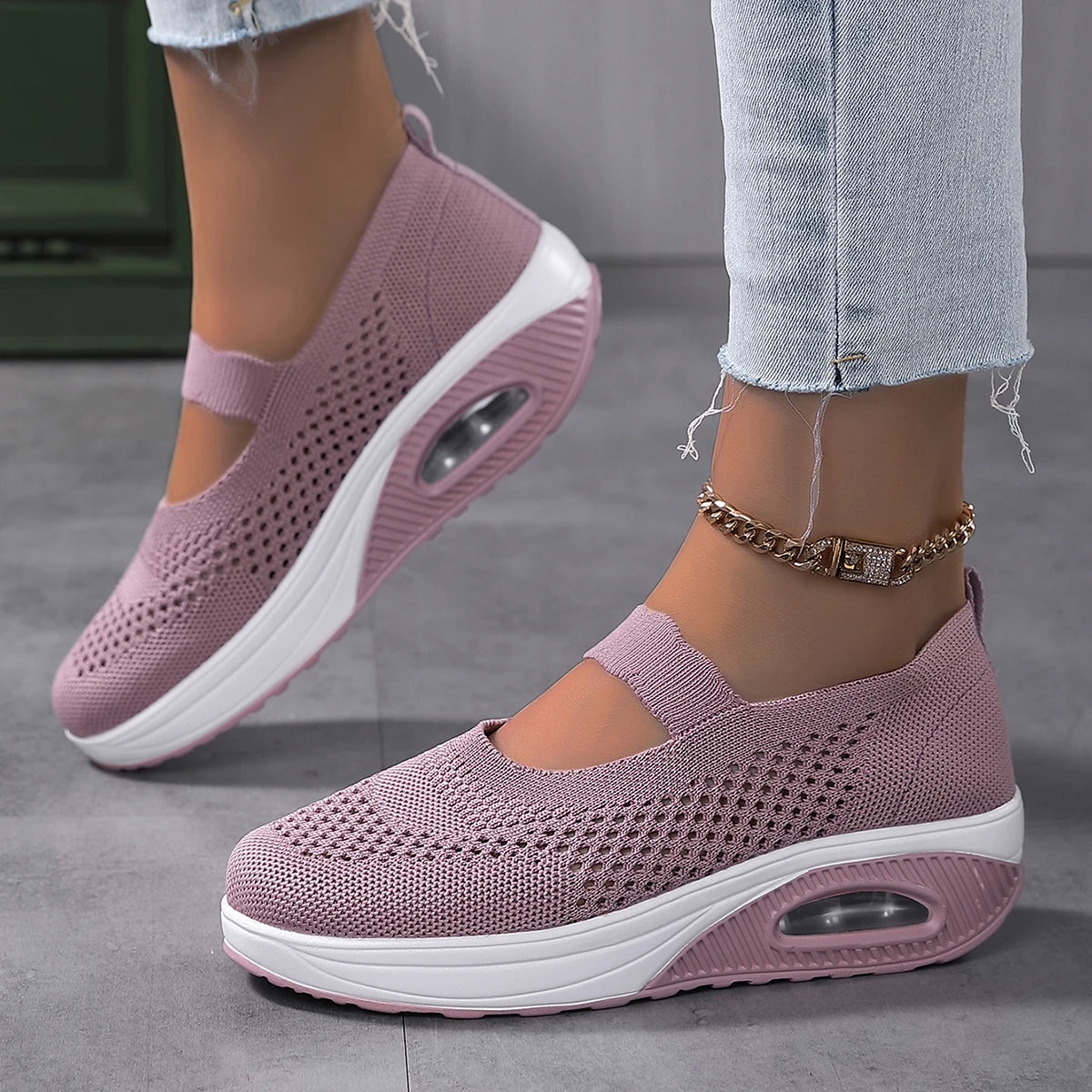 Round Toe Knitted Women'S Shoes With Thick Soles And Elevated Height, Single Shoe Size 35-43, Summer Breathable Casual Shoes