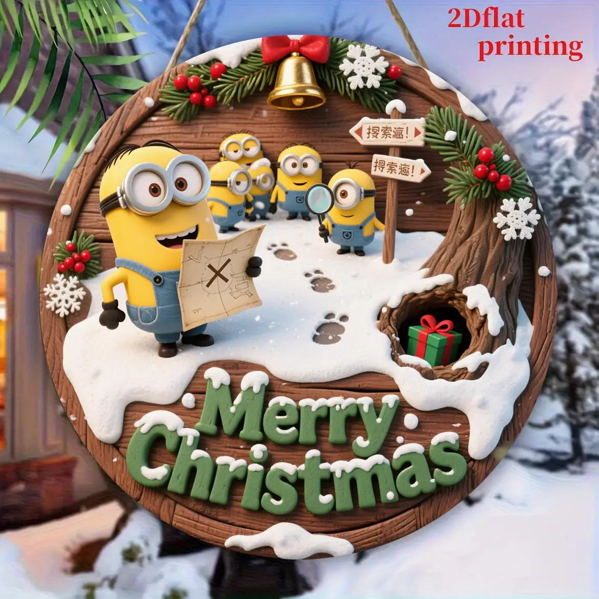 Christmas Minions Wooden Yard Sign Round Sign Creative Decorative Sign Suitable For Home Garden Terrace Snow House Decoration
