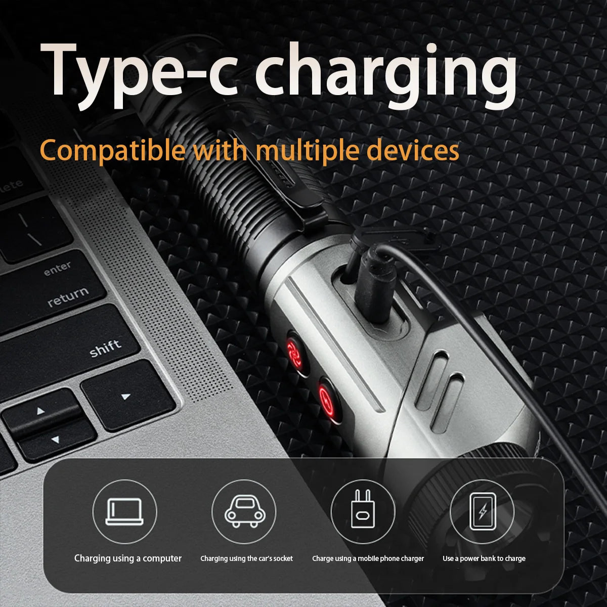 Rotating Flashlight 1300 Lumens USB Rechargeable 4500mAh Removable Battery Aluminum Alloy with Swivel Head Magnetic Base Clip Ad