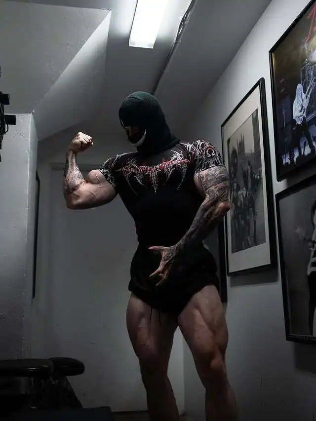 GYM T-shirt Men's Dark Gothic Print Muscle Tee High Elasticity And Quick Drying Exercise For Bodybuilding Training 2025 Summer