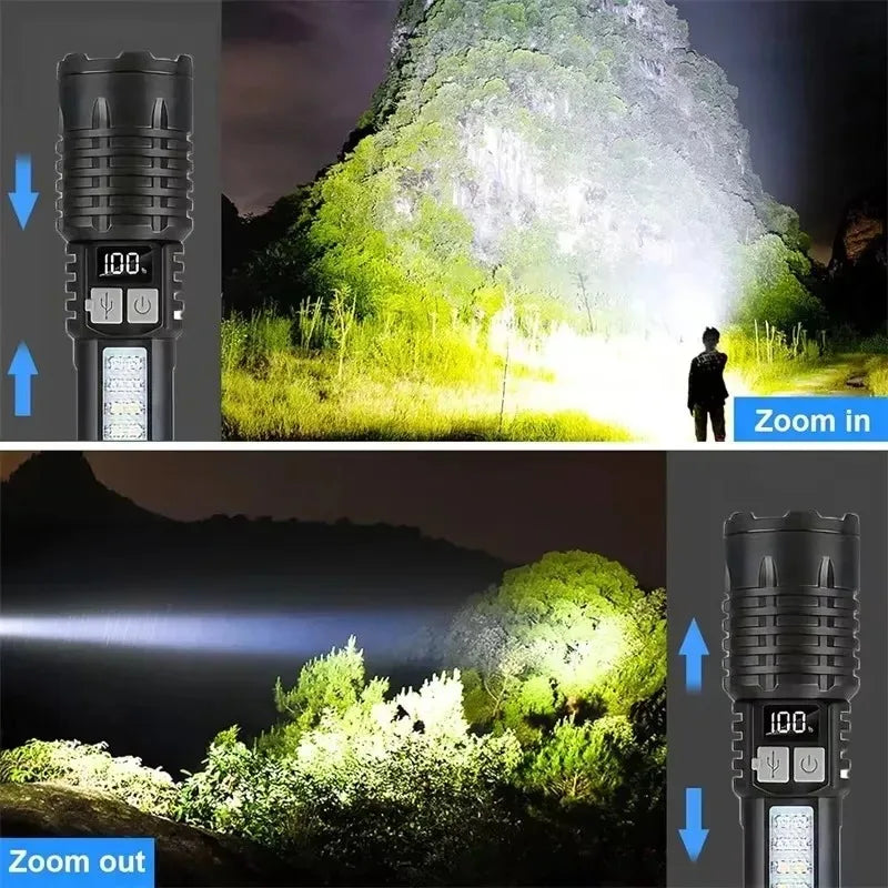 Tactical LED Flashlight High Power USB Rechargeable Camping Torch with Telescopic Zoom Emergency Spotlight Built-in Battery