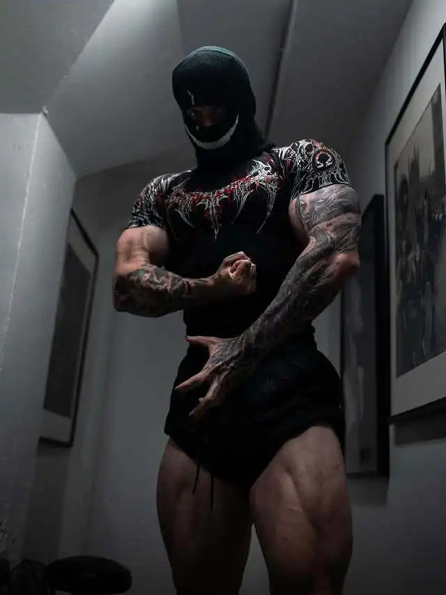 GYM T-shirt Men's Dark Gothic Print Muscle Tee High Elasticity And Quick Drying Exercise For Bodybuilding Training 2025 Summer