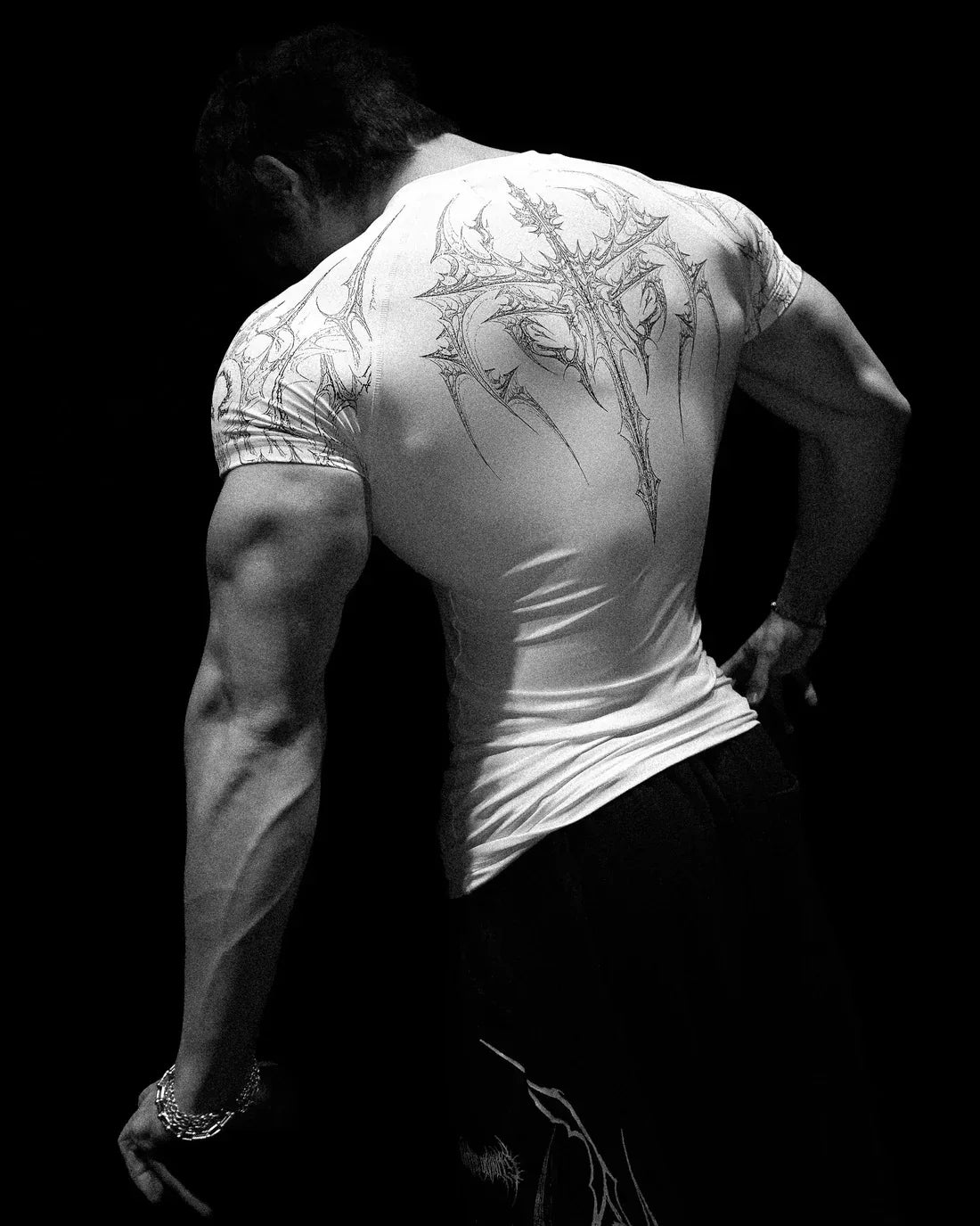 GYM T-shirt Men's Dark Gothic Print Muscle Tee High Elasticity And Quick Drying Exercise For Bodybuilding Training 2025 Summer