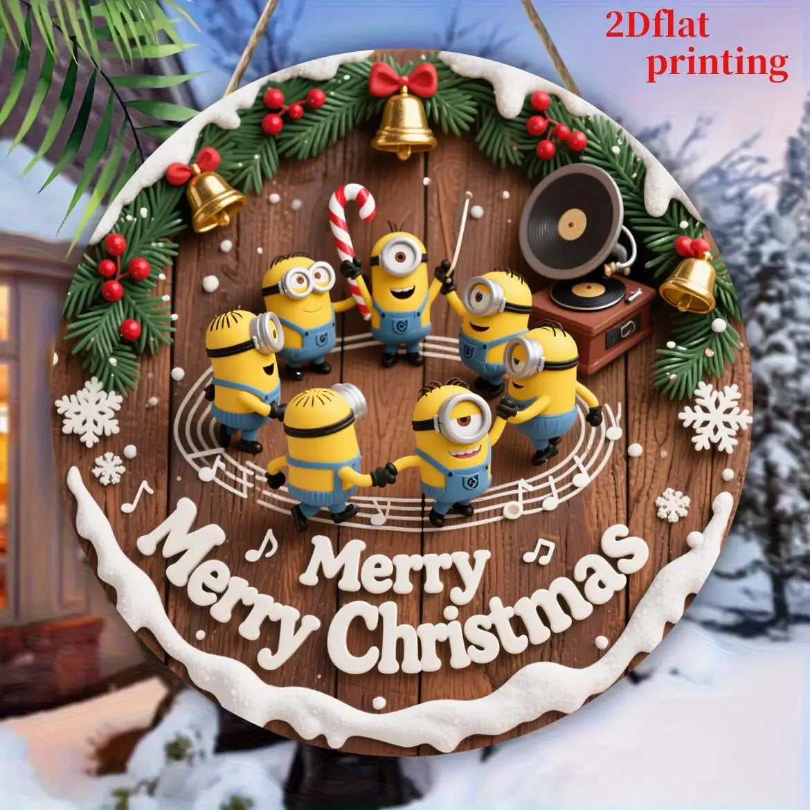 Christmas Minions Wooden Yard Sign Round Sign Creative Decorative Sign Suitable For Home Garden Terrace Snow House Decoration