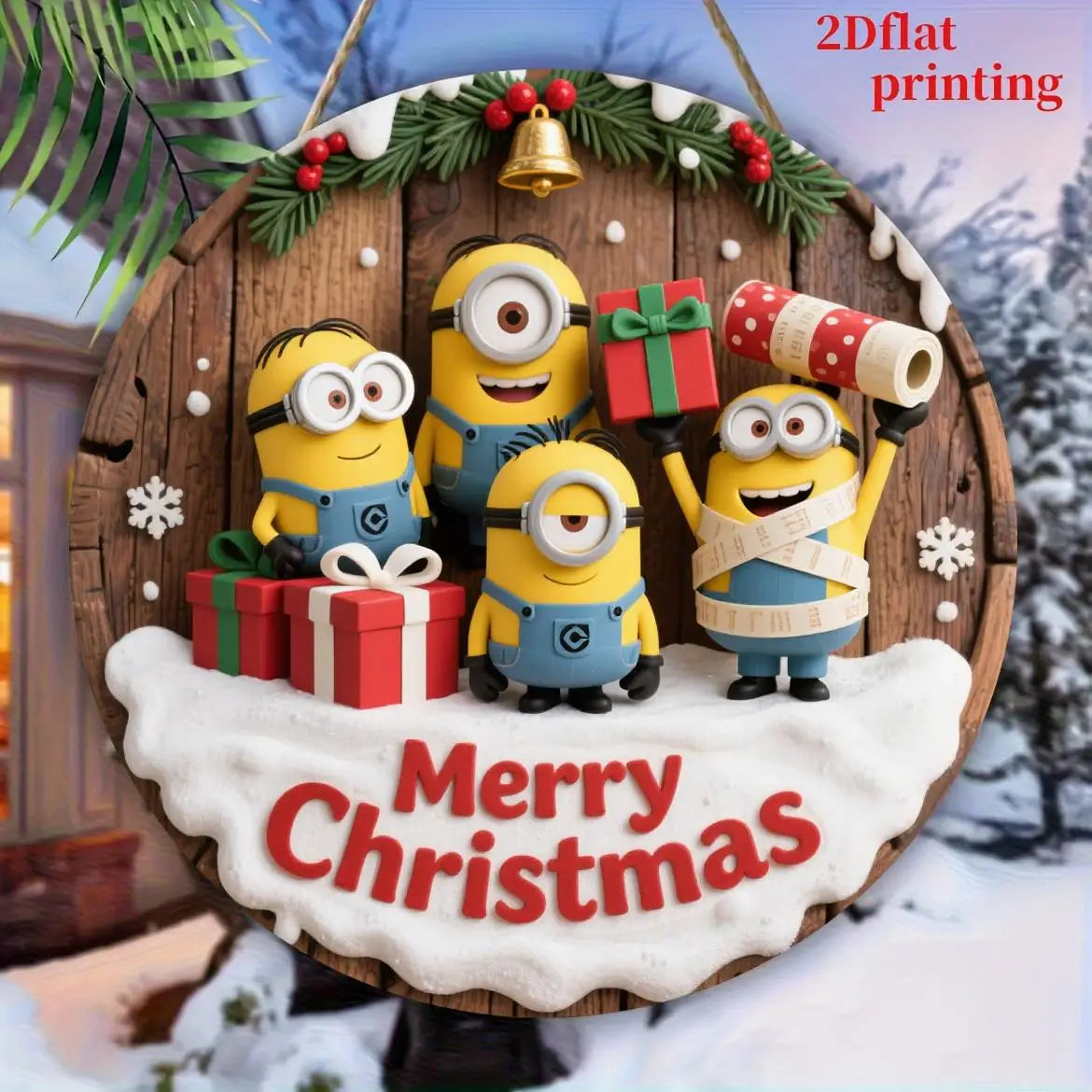 Christmas Minions Wooden Yard Sign Round Sign Creative Decorative Sign Suitable For Home Garden Terrace Snow House Decoration