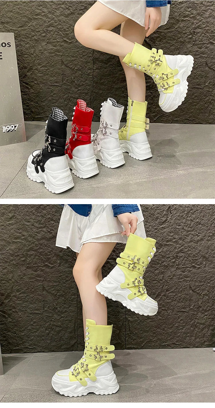 Women's Platform Boots New Round Head Belt Buckle Locomotive Boots European and American Thick-soled Boots for Women Botas Mujer