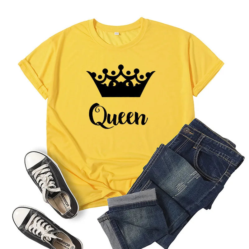 King Queen Crown Print Couple T Shirt Short Sleeve O Neck Wo Women Clothing Graphic T Shirts