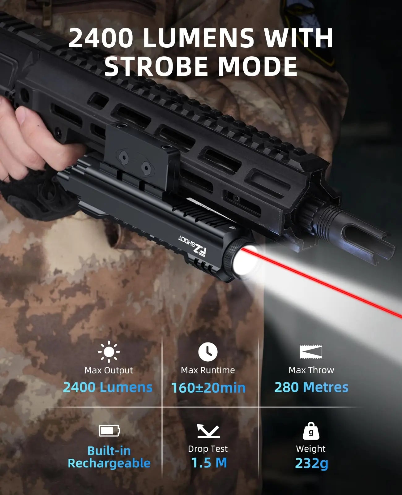 Tactical Flashlight 2400 Lumens Rifle Laser Light Rechargeable Picatinny and M-Rail Red Light Laser Beam Strobe Mode