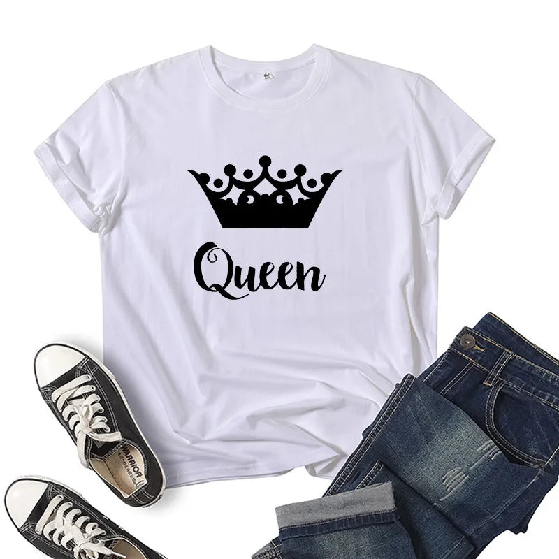King Queen Crown Print Couple T Shirt Short Sleeve O Neck Wo Women Clothing Graphic T Shirts