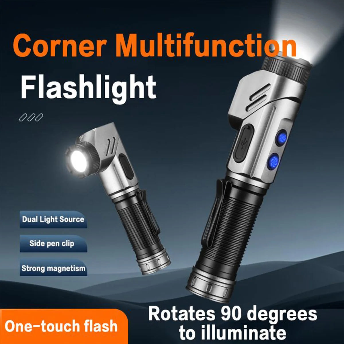 Rotating Flashlight 1300 Lumens USB Rechargeable 4500mAh Removable Battery Aluminum Alloy with Swivel Head Magnetic Base Clip Ad