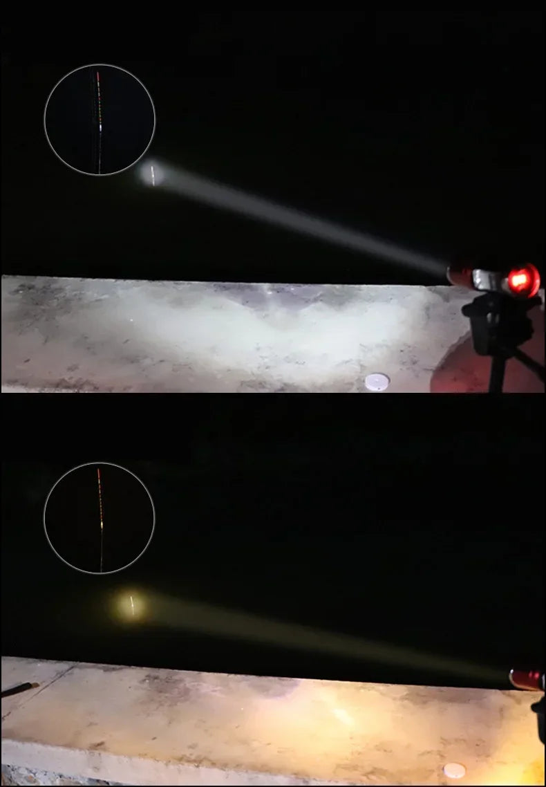 Super Bright Night Fishing Flashlight USB Rechargeable Searchlight Bait Purple Blue Handlamp 5 Light Source with Bracket