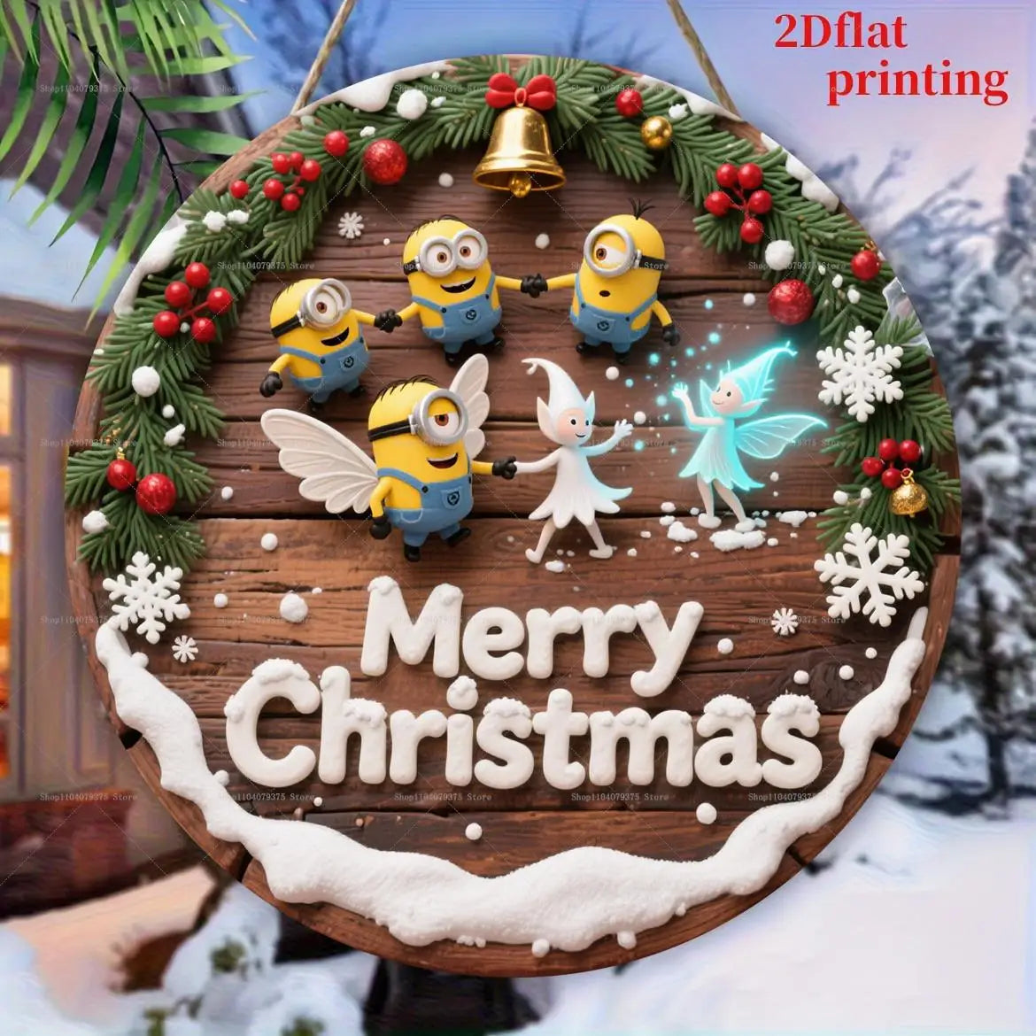 Christmas Minions Wooden Yard Sign Round Sign Creative Decorative Sign Suitable For Home Garden Terrace Snow House Decoration