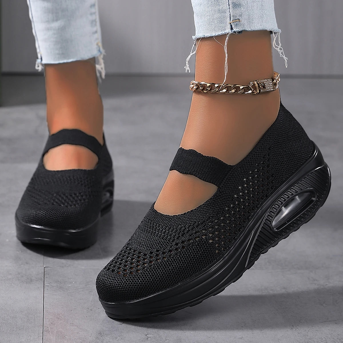 Round Toe Knitted Women'S Shoes With Thick Soles And Elevated Height, Single Shoe Size 35-43, Summer Breathable Casual Shoes