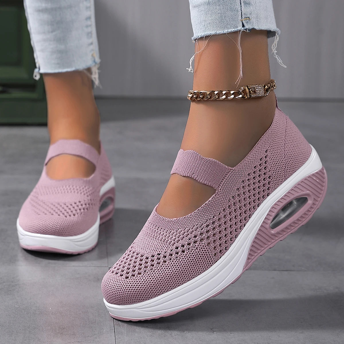 Round Toe Knitted Women'S Shoes With Thick Soles And Elevated Height, Single Shoe Size 35-43, Summer Breathable Casual Shoes