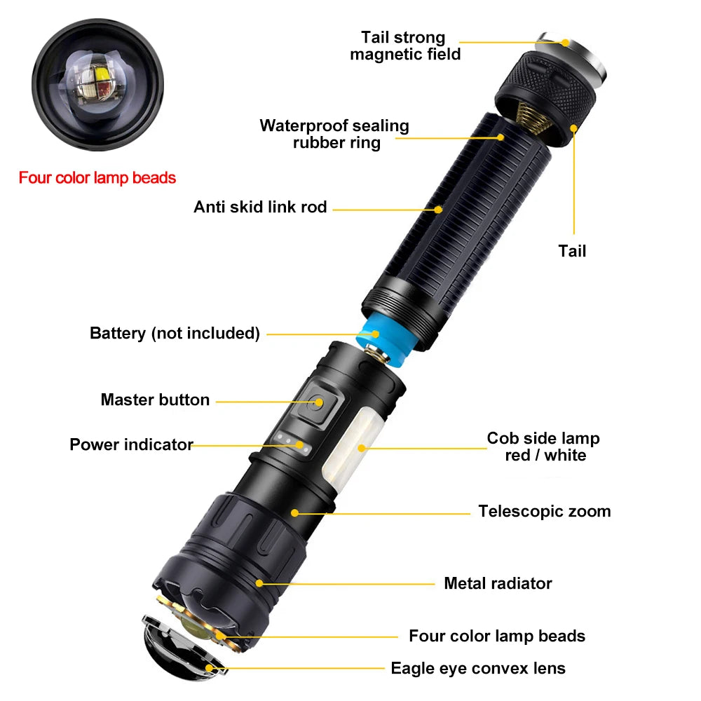 Tactical 4 in 1 Green Red Blue White Light LED Flashlight Type-C Fast Charging Torch for Hunting Fishing