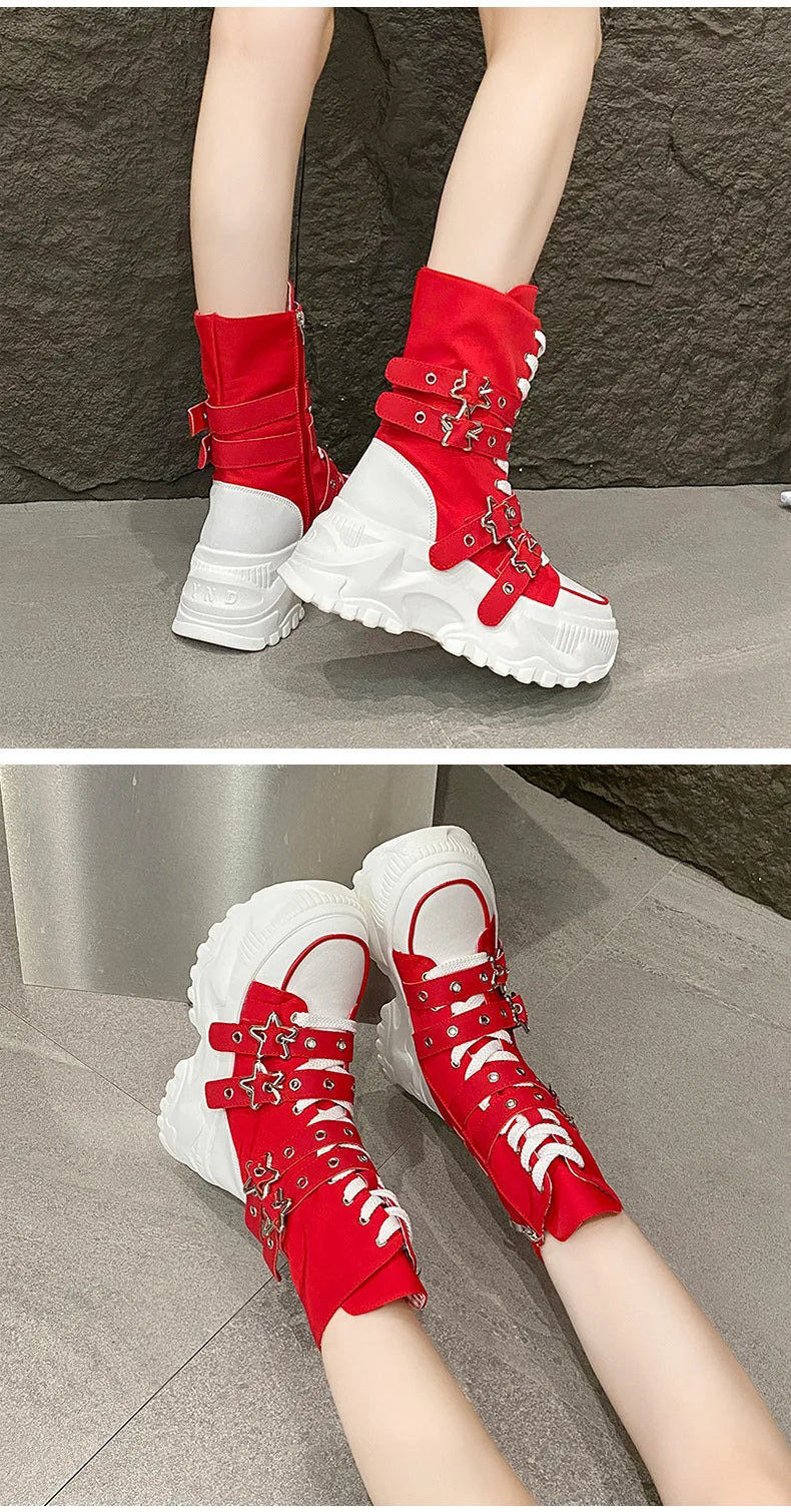 Women's Platform Boots New Round Head Belt Buckle Locomotive Boots European and American Thick-soled Boots for Women Botas Mujer