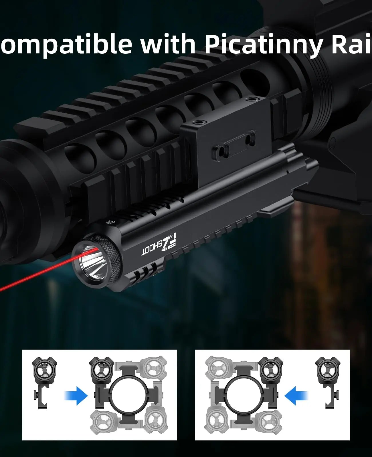 Tactical Flashlight 2400 Lumens Rifle Laser Light Rechargeable Picatinny and M-Rail Red Light Laser Beam Strobe Mode