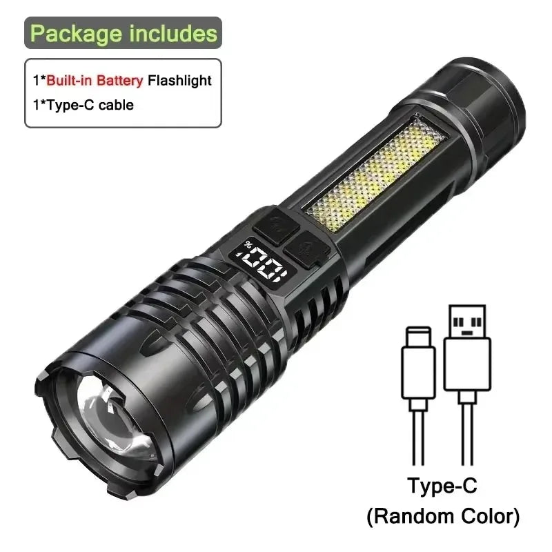 Tactical LED Flashlight High Power USB Rechargeable Camping Torch with Telescopic Zoom Emergency Spotlight Built-in Battery