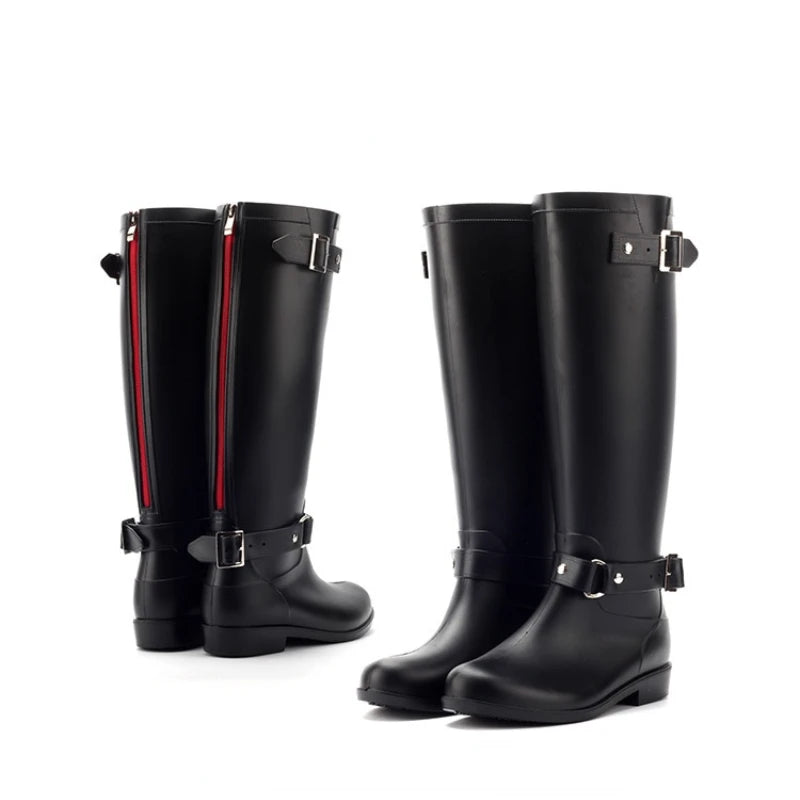Rubber Boots for Women Waterproof Work Fashion Back Zipper Round Toe High Rain Boots Woman Water Shoes Botas De Caza Espanolas