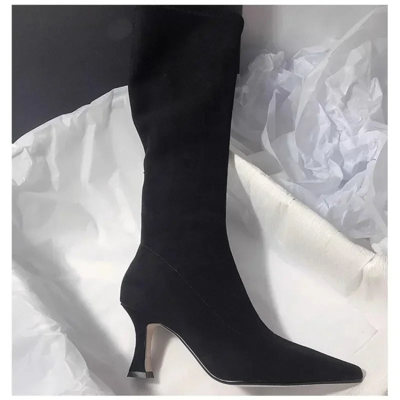 Pointed Toe Knee-High Boot Sexy Thigh High Boots Womens Side Zipper Suede Elastic High Heels Modern Shoe Zapatos De Mujer