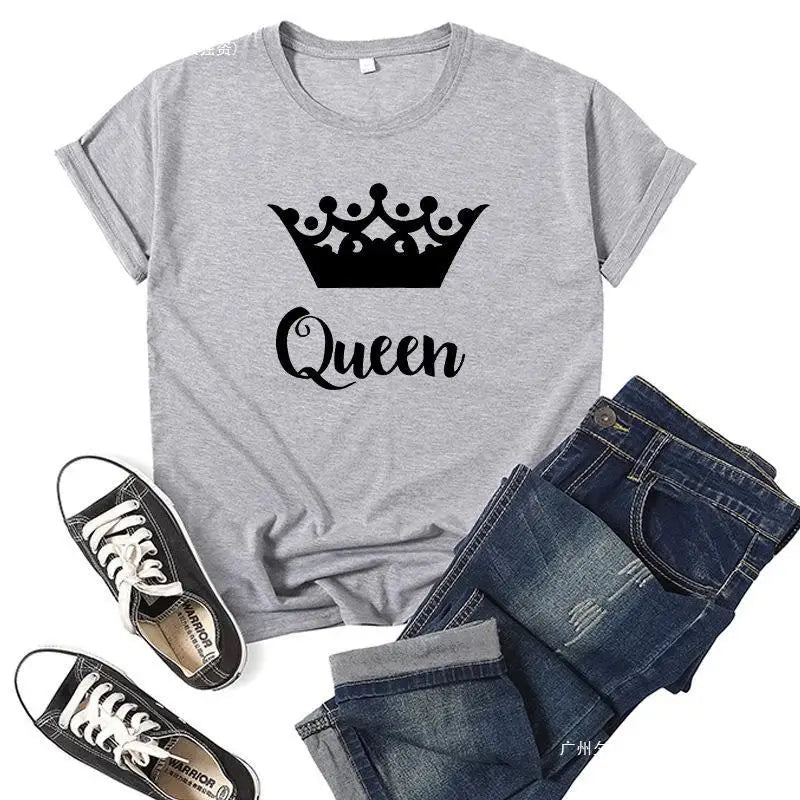 King Queen Crown Print Couple T Shirt Short Sleeve O Neck Wo Women Clothing Graphic T Shirts