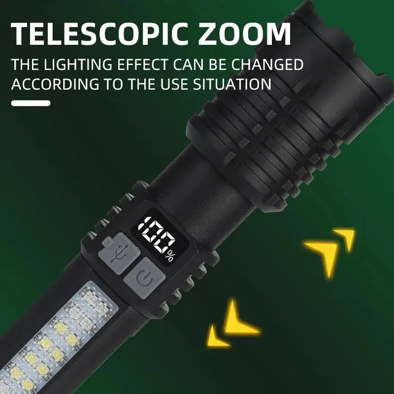 Tactical LED Flashlight High Power USB Rechargeable Camping Torch with Telescopic Zoom Emergency Spotlight Built-in Battery