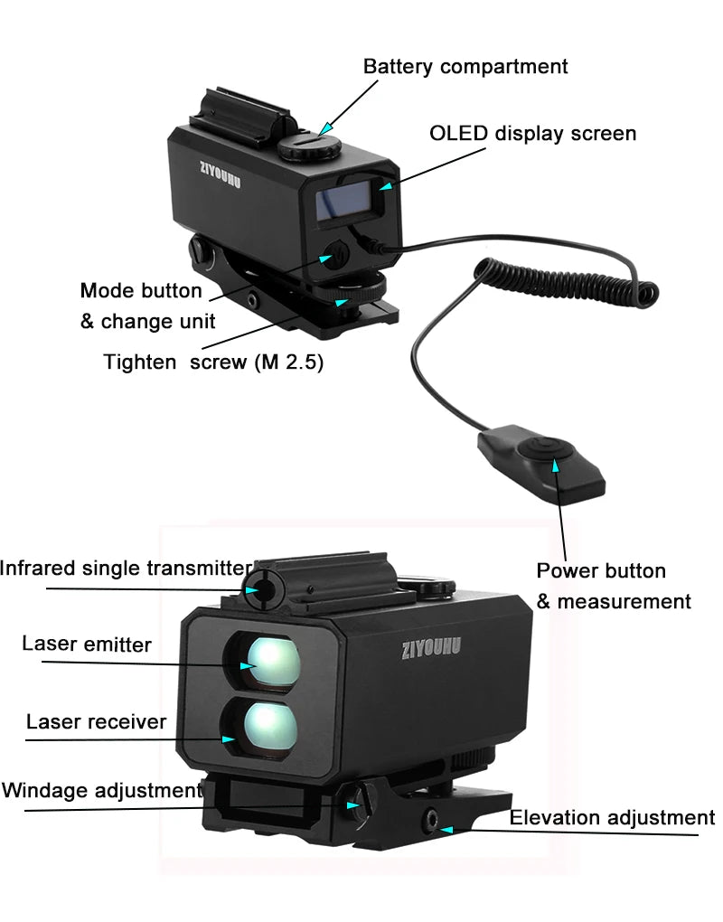 Mini Laser Rangefinder Rifle Scope with Red Dot, Multifunction Tactical Hunting Laser Range Finder, Mount on Gun, 1200m
