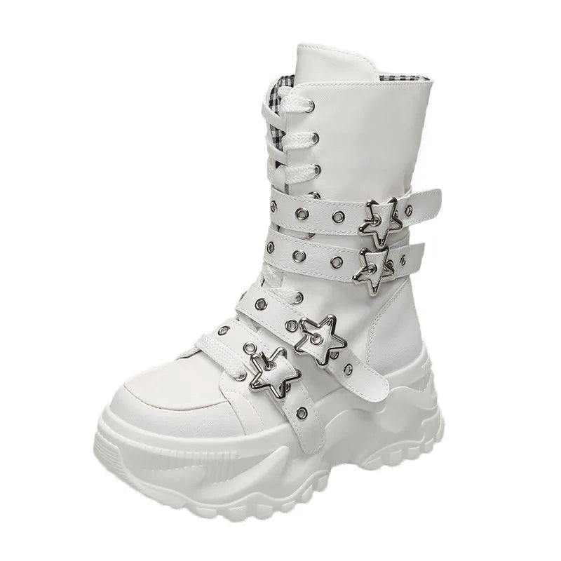 Women's Platform Boots New Round Head Belt Buckle Locomotive Boots European and American Thick-soled Boots for Women Botas Mujer