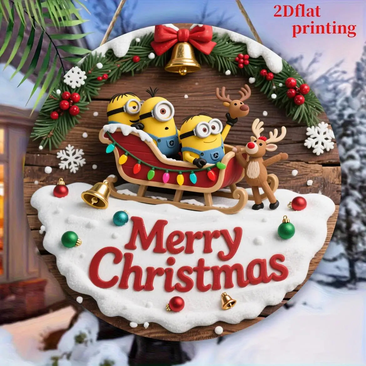 Christmas Minions Wooden Yard Sign Round Sign Creative Decorative Sign Suitable For Home Garden Terrace Snow House Decoration