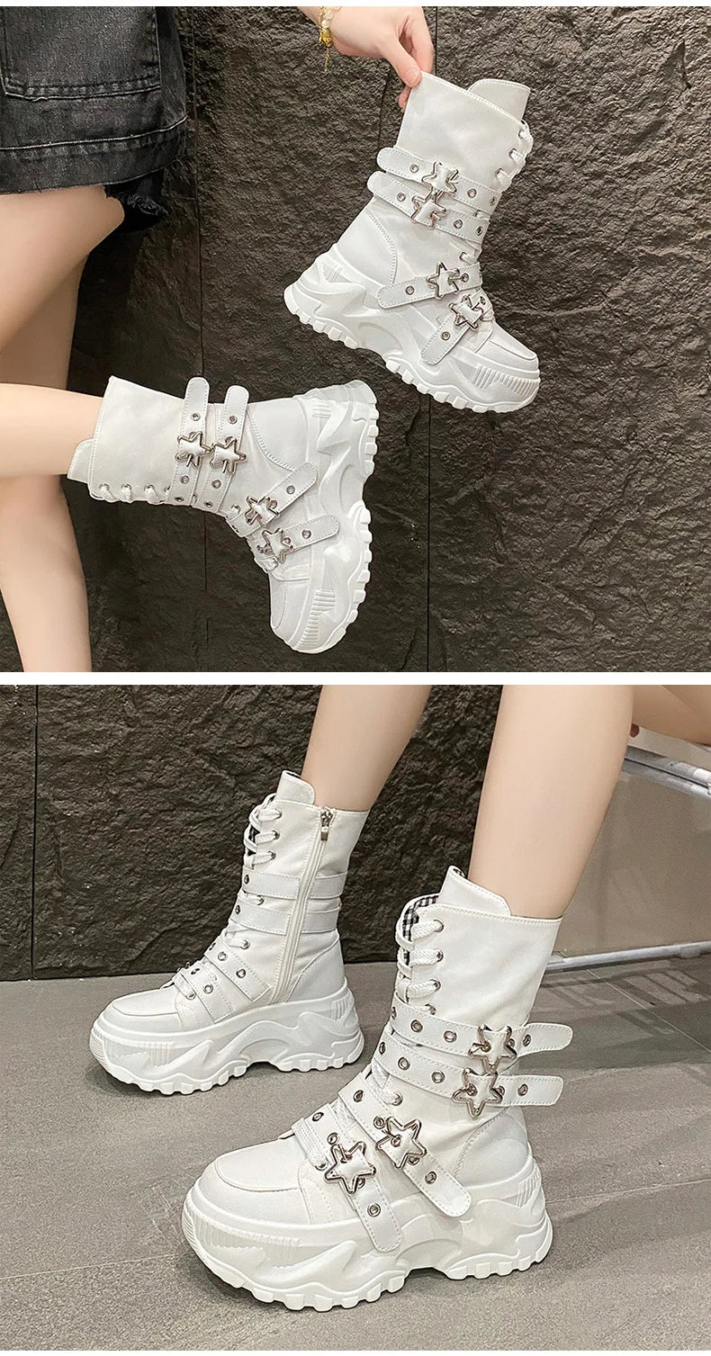 Women's Platform Boots New Round Head Belt Buckle Locomotive Boots European and American Thick-soled Boots for Women Botas Mujer