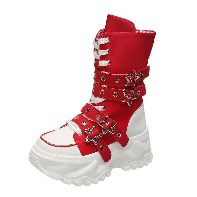 Women's Platform Boots New Round Head Belt Buckle Locomotive Boots European and American Thick-soled Boots for Women Botas Mujer