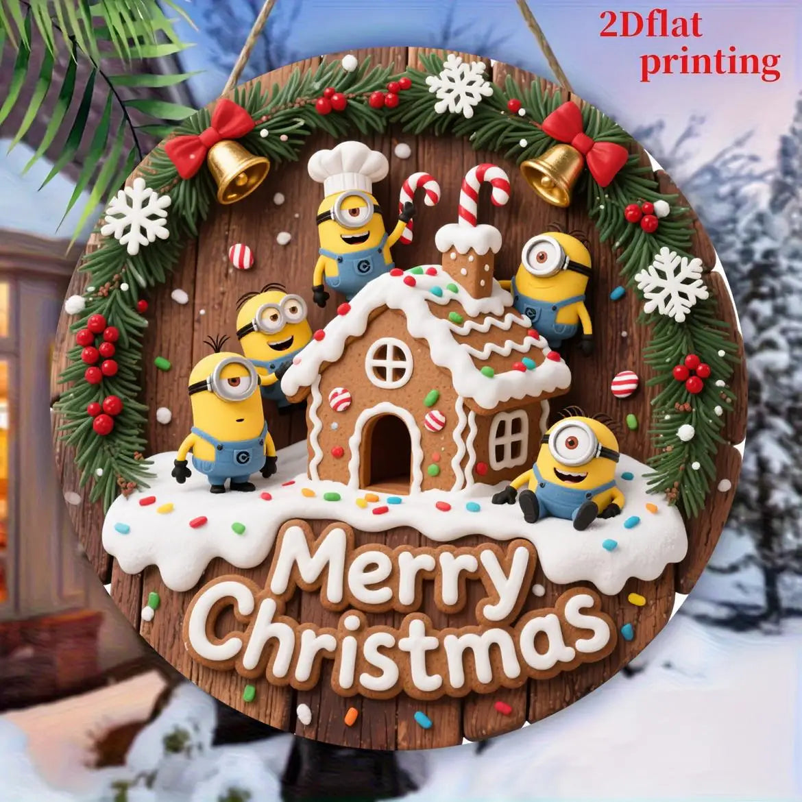 Christmas Minions Wooden Yard Sign Round Sign Creative Decorative Sign Suitable For Home Garden Terrace Snow House Decoration