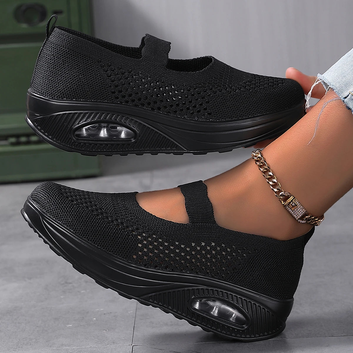 Round Toe Knitted Women'S Shoes With Thick Soles And Elevated Height, Single Shoe Size 35-43, Summer Breathable Casual Shoes