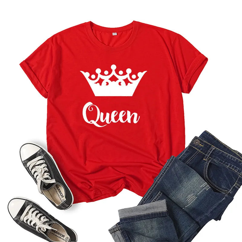King Queen Crown Print Couple T Shirt Short Sleeve O Neck Wo Women Clothing Graphic T Shirts