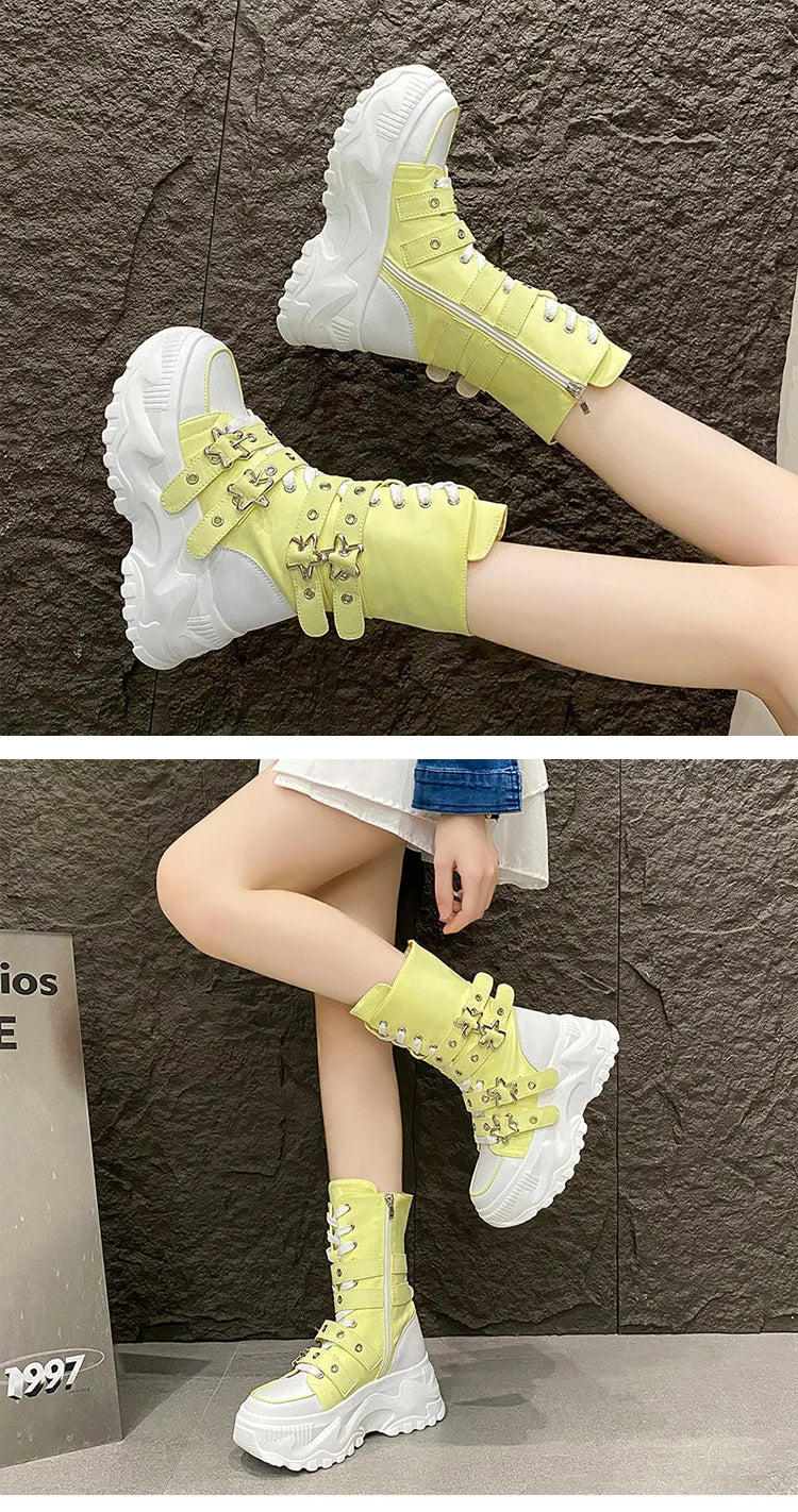 Women's Platform Boots New Round Head Belt Buckle Locomotive Boots European and American Thick-soled Boots for Women Botas Mujer