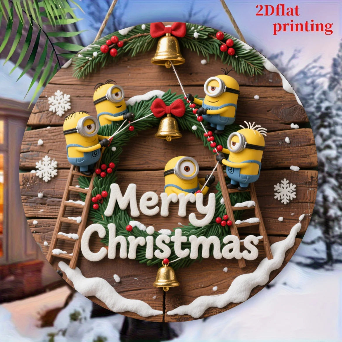 Christmas Minions Wooden Yard Sign Round Sign Creative Decorative Sign Suitable For Home Garden Terrace Snow House Decoration